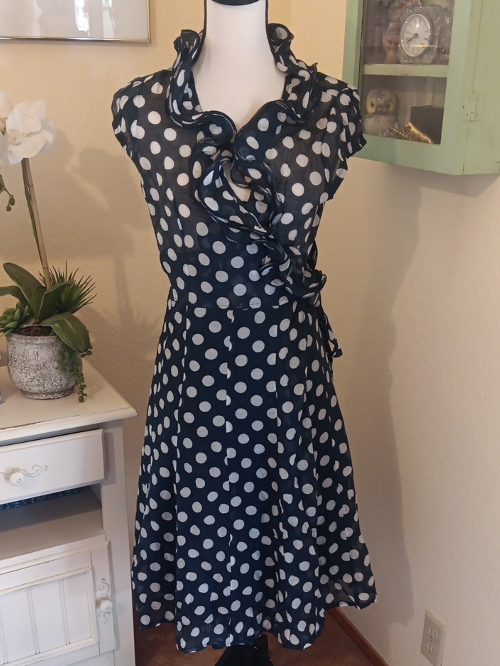 Ceres Navy Blue And White and Polka Dot Wrap Dress. Retro 50's. French Girl.